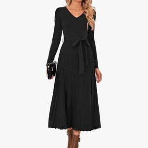 Chic Black V-Neck Midi Dress with Waist Tie